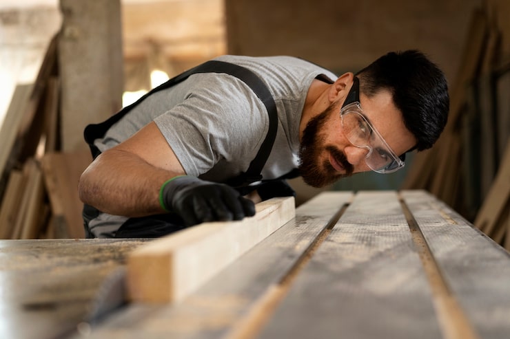 carpenter cutting mdf board inside workshop_23 2149451051